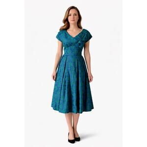 1950's R&K Originals Blue & Green Brocade Dress XXS Velvet Floral